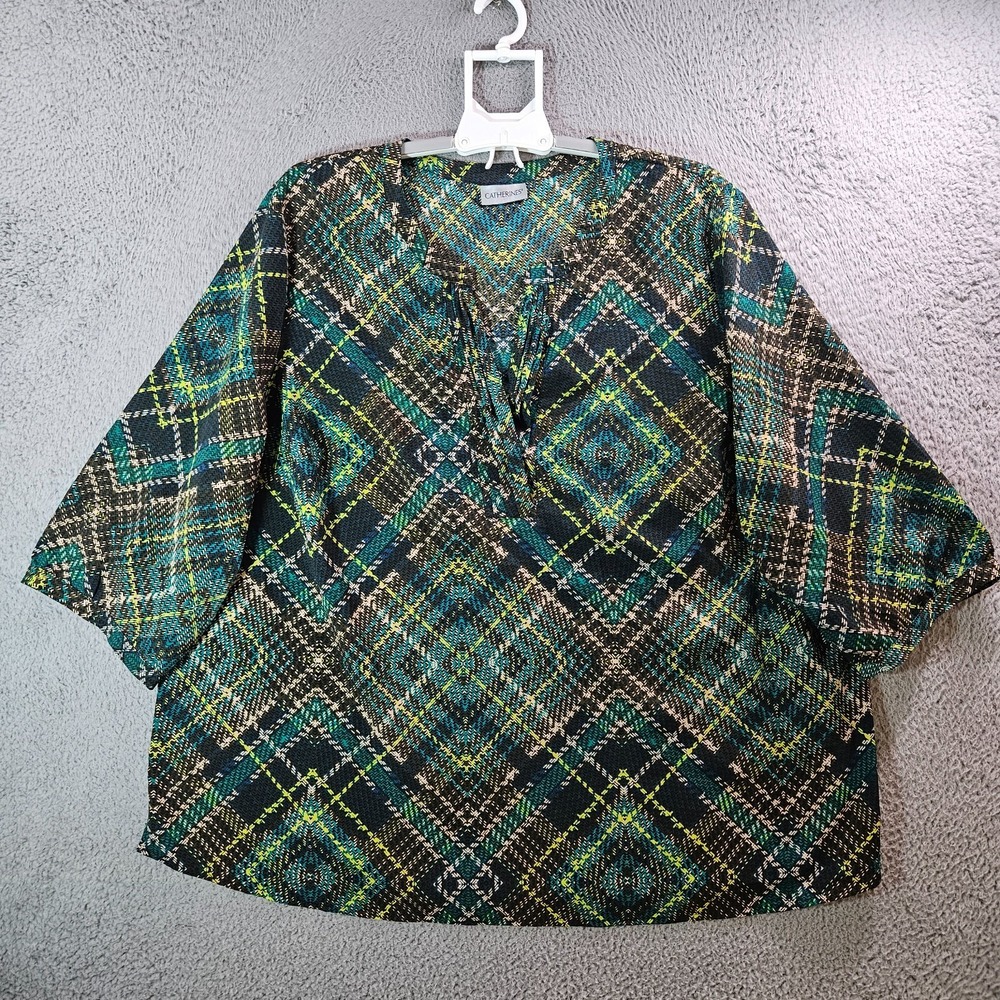 Catherines‎ Tunic Top Blouse Women 3X Split Neck Geometric Print Green Tone